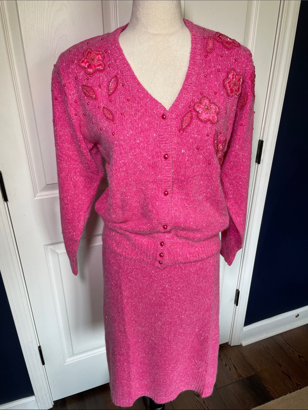 Vintage Raoul Fuchsia Pink Silk Angora Beaded Floral Knit Cardigan & Skirt Set S